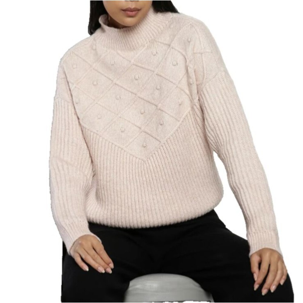 CALVIN KLEIN Women’s NWOT Popcorn Knit Mock Neck Sweater size L Heather Latte